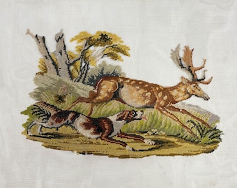 Tableau brodé du XIXe siècle chien de chasse et cerf vers 1870-1890 Allemagne ou Autriche