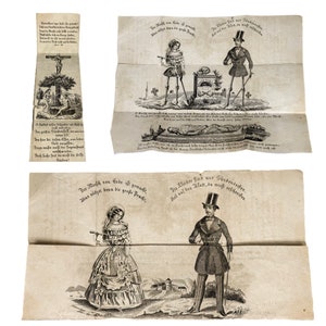 Carta plegable con estampado Memento Mori de Curiosity con juego de ilusión, siglo XIX, Alemania: Una carta para mí y para ti