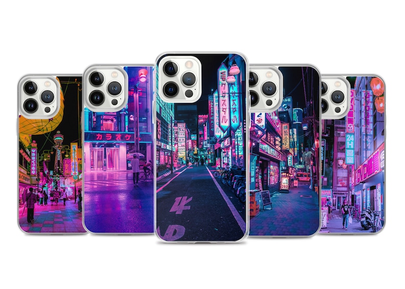Neon Tokyo Cyberpunk Japanese Night Phone Case Aesthetic Cover fit for iPhone 13 Pro Max, Pro, Mini, 12, 11, XR, XS, X, 8, 7 image 1