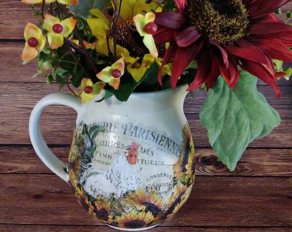 Upscaled Porcelain Pitcher with French Parisienne Rooster with Sunflowers Decoupage and Silk Flowers
