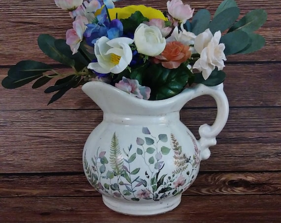 Cottage Garden upscaled decoupaged pitcher with silk flower bouquet.