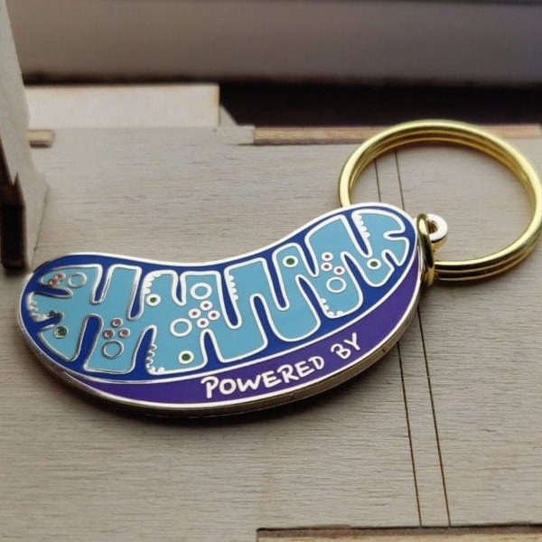 Powered by Mitochondria Hard Enamel Gold Keyring with details - Cellular Biology, Cool and Unique Science Handmade Gift