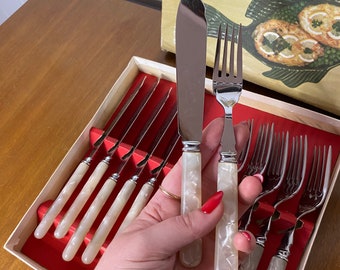 Vintage 60s Stainless Fish Eaters Cutlery Set in Box by Firth Brearley