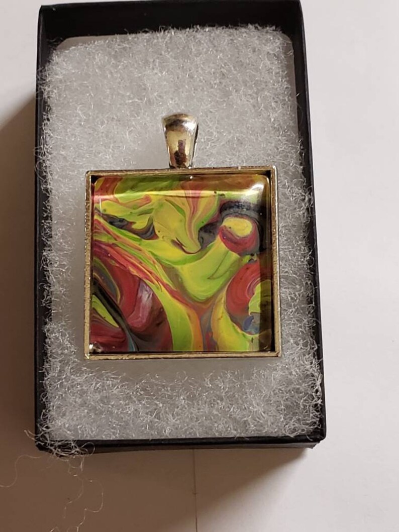 Swirl Modern Jewelry Necklace Square Fluid Art Yellow Mother/'s Day Gift Black 1 inch Red Lime Green Acrylic Pour Pendant