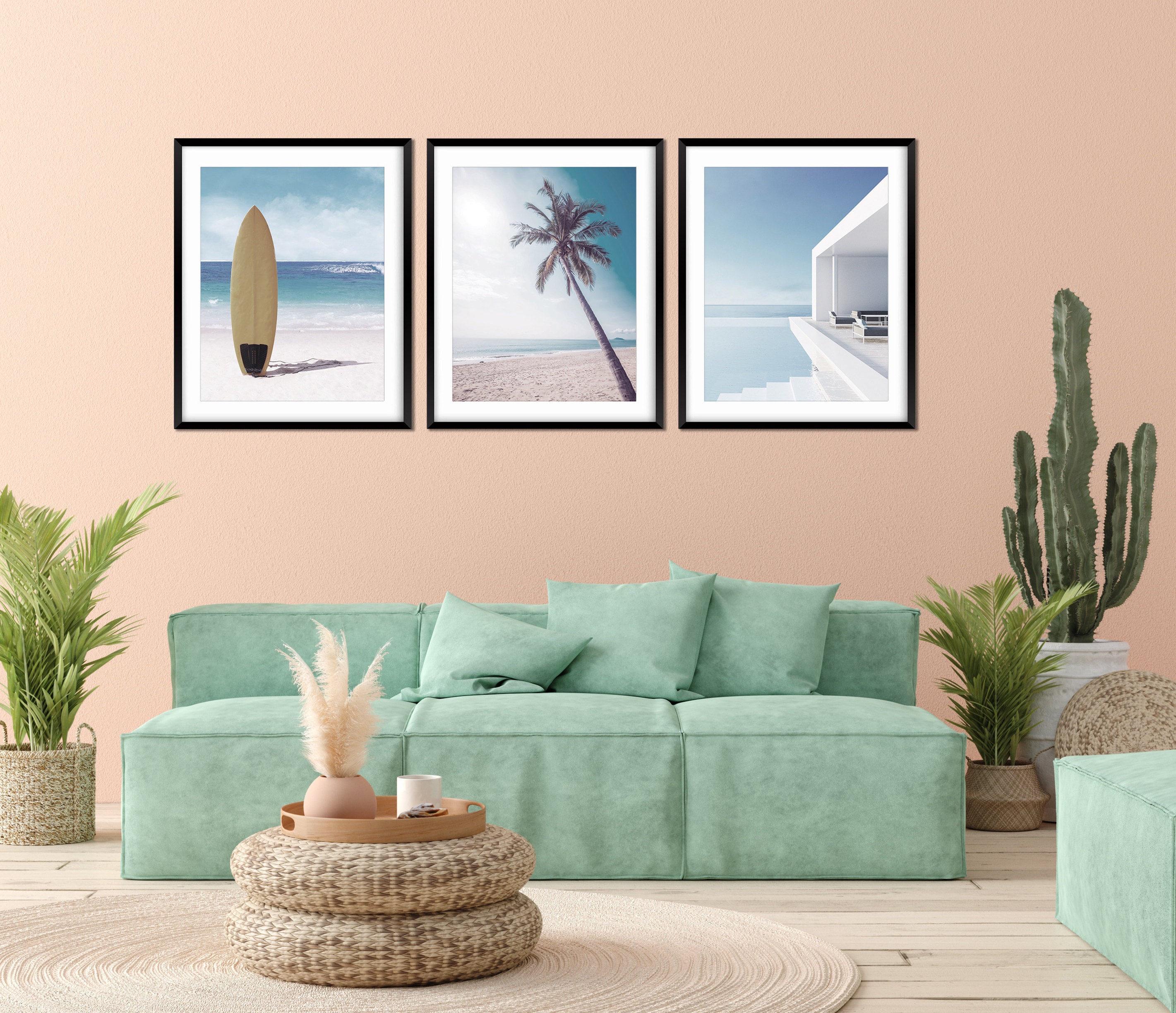 Coastal Wall Art Set of 3 Prints With Surfboard Beach Wall Etsy UK