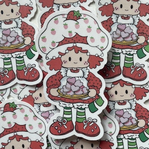 Strawberry girl sticker, cute stickers, kawaii stickers, cartoon stickers, 80s, 90s, y2k, nostalgia, shortcake sticker. Cottagecore