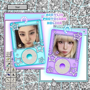 May include: Two acrylic photocard holders in a retro computer-themed design. One is light blue, the other is purple, both with star-shaped accents and a photo inside. The text "Acrylic Photocard Holder" is visible.
