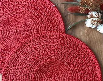 Red Round Placemats Crochet, Round Washable Placemats Set for Dining Table, Red Placemat Set, Handmade Gifts for Mom, New Home Owner gift