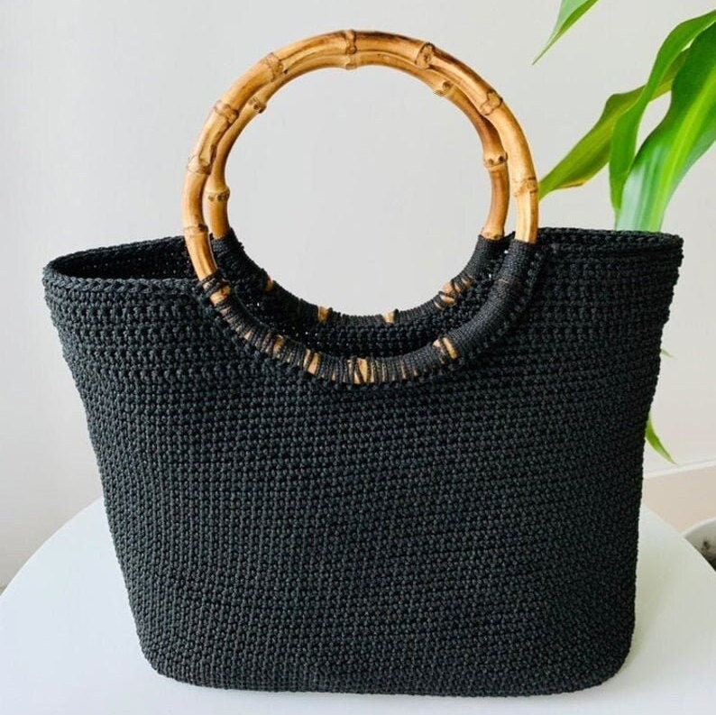 Schwarze Netztasche mit Bambusgriff gehäkelte Handtasche für - .de