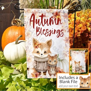 Garden Flag 2 Designs | Instant Digital Download PNG ONLY Sublimation | Autumn Blessings Sweater Fox Squirrel | Customizable with your Text
