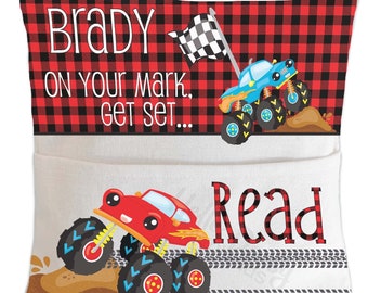 de livre de poche, design Garçon de lecture Monster Truck Race Race prêt à personnaliser avec son nom | Téléchargement numérique instantané PNG, prêt pour la sublimation