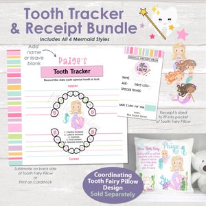 Pacchetto traccia denti e fatina dei denti con ricevuta / Registra i denti persi e lascia una ricevuta / Stampa su carta / 4 stili di sirena inclusi / Divertimento per bambini