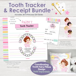 Pacchetto rilevatore di denti e ricevuta per la fatina dei denti / Registra i denti persi e lascia una ricevuta / Stampa su carta / 4 stili Princess inclusi