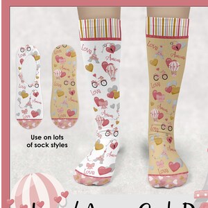 May include: A pair of socks with a love and amore theme. The socks feature a pink and white color scheme with hearts, a hot air balloon, and the Eiffel Tower. The text "Love/Amore Sock Design Comes with two colors" is printed on the bottom of the image.