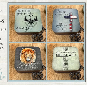 May include: Four 4-inch square designs featuring inspirational quotes and images. The designs include a compass with the quote "The Lord will guide you always", a lion with the quote "Let your faith be stronger than your fear", a cross with the American flag and the quote "Love of country, faith in God", and a cross with the quote "I can do all things through Christ who strengthens me".