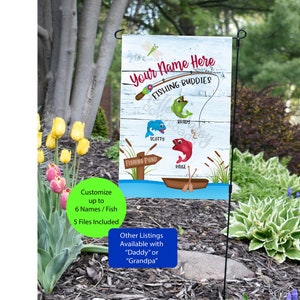 Garden Flag Digital Design | INSERT NAME Fishing Buddies | 12 x 18 layout includes 5 Files 2-6 Fish/Names added to personalize | Sublimation