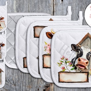 Pannenlap [Vierkant] Design Bundel | Instant digitale download alleen PNG-bestand | Grappig koeontwerp | Ovenwant Hot Pad | Voeg uw eigen tekst toe