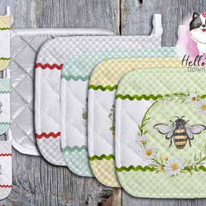 May include: Set of four quilted pot holders with a gingham pattern and bee and floral designs. The pot holders are in yellow, green, red, and white.
