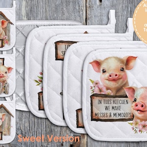 May include: Set of four white quilted pot holders with pig illustrations and sayings. The sayings are "Home is my happy place", "Love & Laughter Served Fresh Daily", "Heals & Memories Made Here", and "In this kitchen we make messes & memories".