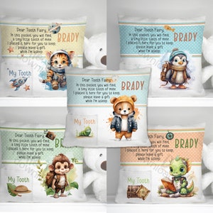 Tooth Fairy Pocket Pillow =&gt;4 Design Bundle | Instant Digital Download PNG Sublimation Template | Boys Gift | Adventure Animals