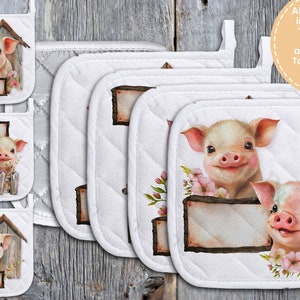 May include: Set of six white quilted pot holders with pig designs. Each pot holder features a different pig illustration with a blank sign. The text "Also Available in "Snarky" & "Sweet" Text Versions and Matching Towel Designs. See my other listings." is printed on a white circle in the upper right corner of the image.