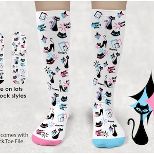 Funny Sock Design | Retro Atomic Groovy Black Cat Kitten | Instant Download PNG Sublimation Template | MCM Mid Century Cat | Great for Gifts