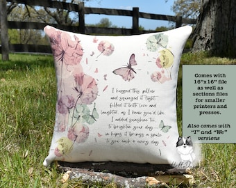 May include: A white pillow with a watercolor design of pink and green dandelions and butterflies. The pillow has a quote about hugging and squeezing it tight, filled with love and laughter. The pillow comes in 16x16 inch and smaller sizes.