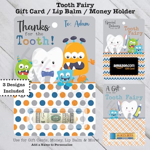 3 Designs | Zahnfee Geschenkkarte, Lippenbalsam oder Geldhalter Bündel | Sublimieren oder zu Hause drucken | Lustiges Monster | Tolles Geschenk Jungen & Mädchen