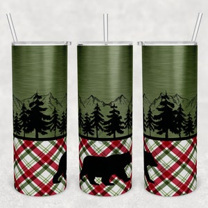 Customizable Tumbler Design | Instant Digital Download PNG File ONLY | Christmas Plaid Outdoors Bear | Add your own text | Sublimation 20 oz