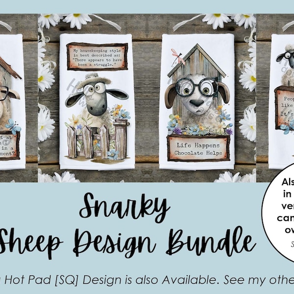 Kitchen Towel Design Bundle | Instant Digital Download PNG File ONLY Sublimation Ready | Snarky Easter Sheep Design | Funny Farmhouse Lamb