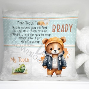 Tooth Fairy Pocket Pillow Design | Instant Digital Download PNG Only • Sublimation Template | Child • Lost Tooth • Boy Adventure Hoodie Bear