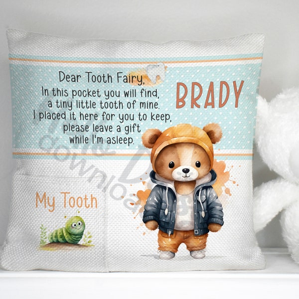 Tooth Fairy Pocket Pillow Design | Instant Digital Download PNG Only • Sublimation Template | Child • Lost Tooth • Boy Adventure Hoodie Bear
