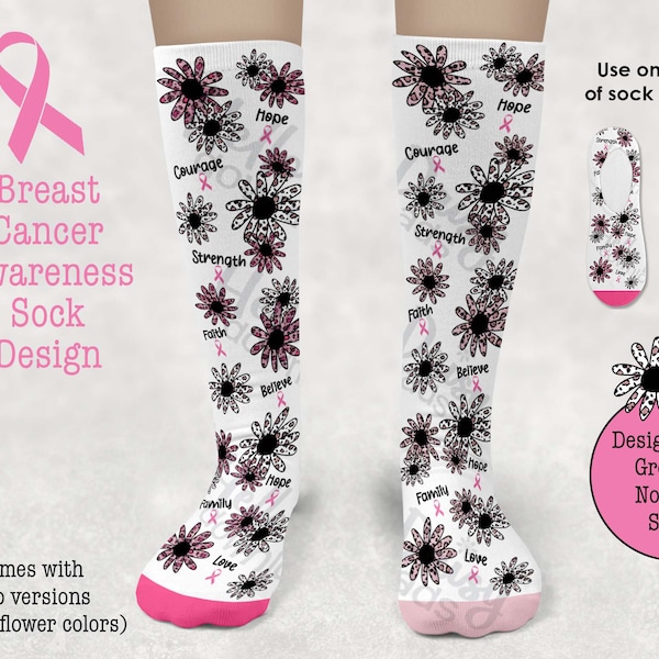 Sock Design | Breast Cancer Awareness Encouragement | Instant Download PNG Sublimation | Pink Leopard Print Daisy  - All Profits Donated