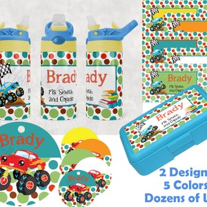 May include: Personalized school supplies featuring a monster truck design with a blue, green, red, and brown color scheme. The set includes a water bottle, lunchbox, and round labels. The text "Brady" and "Ms. Smith 2nd Grade" is included on the items.