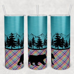 20 oz. Tumbler Design | Instant Digital Download PNG File ONLY | Bright Plaid Outdoor Bear | Add your own text | Sublimation 20 oz