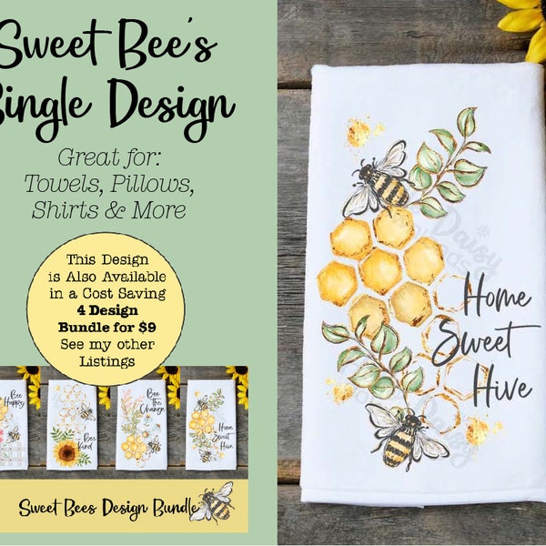 Kitchen Towel Design | Instant Digital Download PNG File ONLY Sublimation Ready | Whimsy Sweet Bee Honeycomb Towel Design Farmhouse