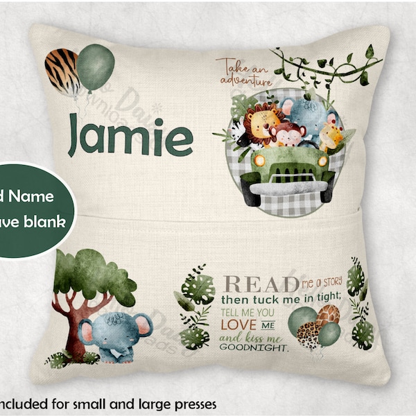 Pocket Pillow Design | Safari Animals Adventure Time | Customize Your Name | Instant Digital Download PNG Sublimation Ready | Book Reading