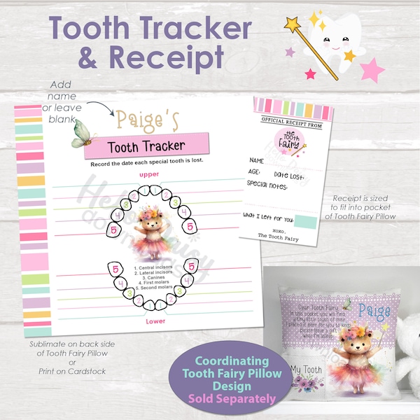 Tooth Tracker + Quittung für Zahnfee | Notieren Sie verlorene Zähne & lassen Sie Quittung |Druck auf Papier Begleiten Zahnfee Kissen Ballerina Bär