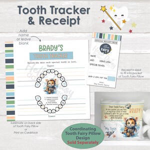 May include: A printable tooth tracker chart with a space-themed illustration of a cat astronaut. The chart has spaces to record the date each tooth is lost and includes a key for identifying each tooth. The chart is titled "Brady's Tooth Tracker". There is also a printable receipt from the Tooth Fairy with spaces for the child's name, age, date the tooth was lost, and special notes. The receipt is sized to fit into a pocket of a Tooth Fairy Pillow. The Tooth Fairy Pillow is also shown in the image and features a space-themed illustration of a cat astronaut.