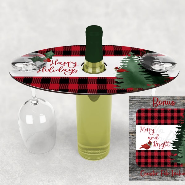 Wine Caddy Oval en Coaster Design Instant Digital Download PNG-bestand SLECHTS 2 voor 1 ontwerpen Sublimatie | Kerstmis Rode Buffel Plaid Kardinaal
