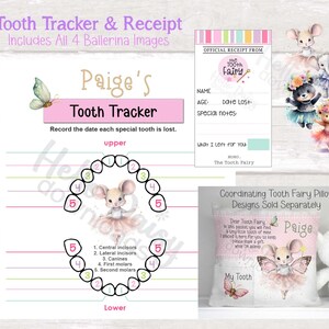 Pacchetto traccia denti e fatina dei denti con ricevuta / Registra i denti persi e lascia una ricevuta / Stampa su carta / 4 stili di ballerina inclusi / Divertimento per bambini