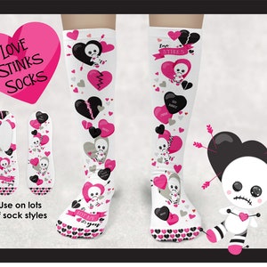 Funny Sock Design | Instant Download PNG Sublimation | Love Stinks Silly Sock Design Pattern Adult  Voodoo Zombie Heart Pink Black Valentine