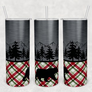 Customizable Tumbler Design | Instant Digital Download PNG File ONLY | Christmas Plaid Outdoors Bear | Add your own text | Sublimation 20 oz