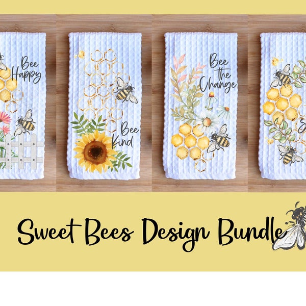 Kitchen Towel Design Bundle | Instant Digital Download PNG File ONLY Sublimation Ready | Whimsy Sweet Bee Honeycomb Towel Designs Farmhouse
