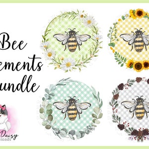 May include: Four digital clipart images of bees in wreaths. Each wreath has a different background pattern and floral design. The wreaths are in shades of green, yellow, and white. The text "Bee Elements Bundle" is in black text at the top of the image.