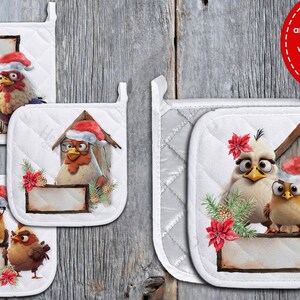 May include: Set of four white quilted pot holders with a Christmas theme. Each pot holder features a different illustration of a chicken or bird wearing a Santa hat. The illustrations include a chicken in a birdhouse, a chicken with a red poinsettia, and two birds in a birdhouse. The pot holders have blank spaces for personalization.