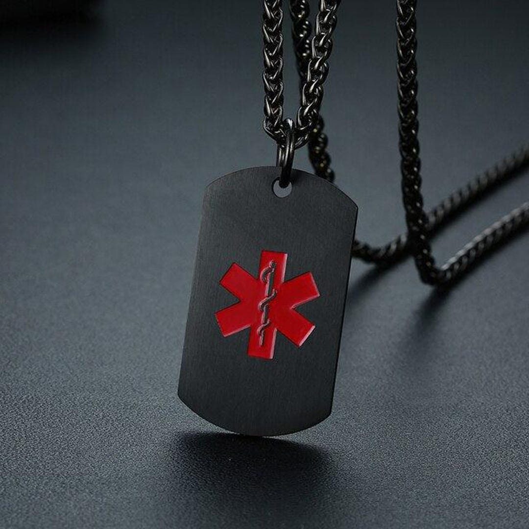Custom Black Medical Alert Necklace for Men Women Stainless Steel ...