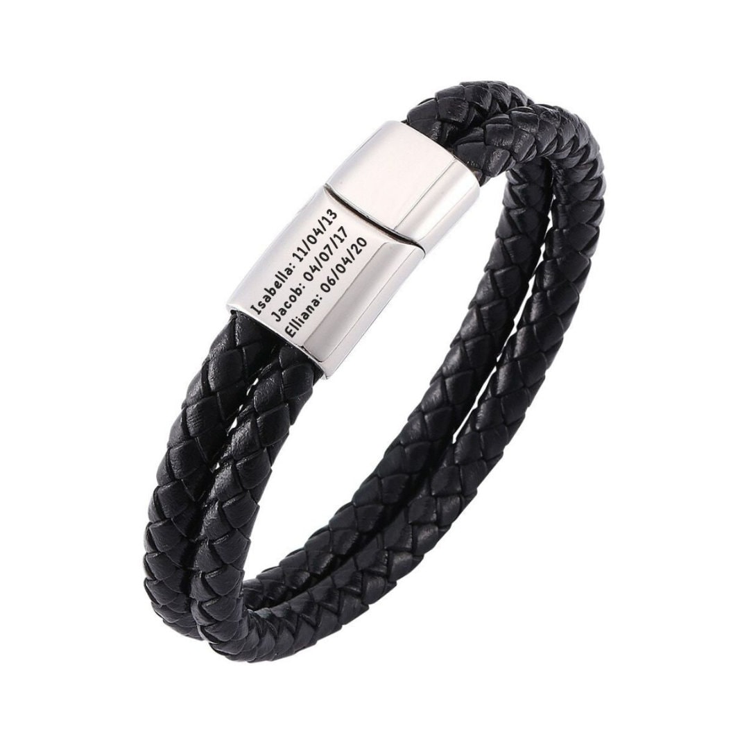 Black Double Braided Personalised Leather Bracelet, Custom Bracelet,  Engraved Bracelet, Personalised ID Bar, Gift for Him, Fathers Day - Main Image