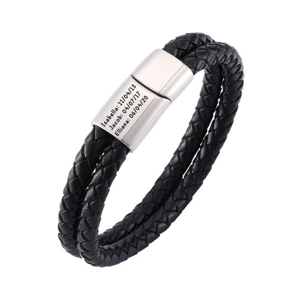 Black Double Braided Personalised Leather Bracelet, Custom leather bracelet, Engraved bracelet, Personalised ID bar