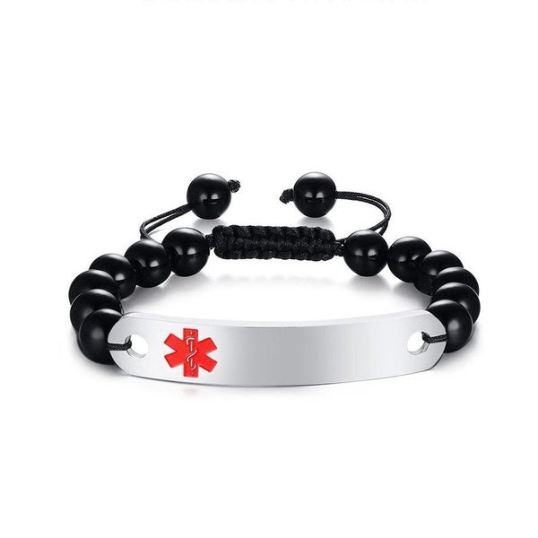 Personalised medical alert bracelet, adjustable Medical ID Bracelet, Emergency ID bracelet, beaded medical id bracelet, black beads medical